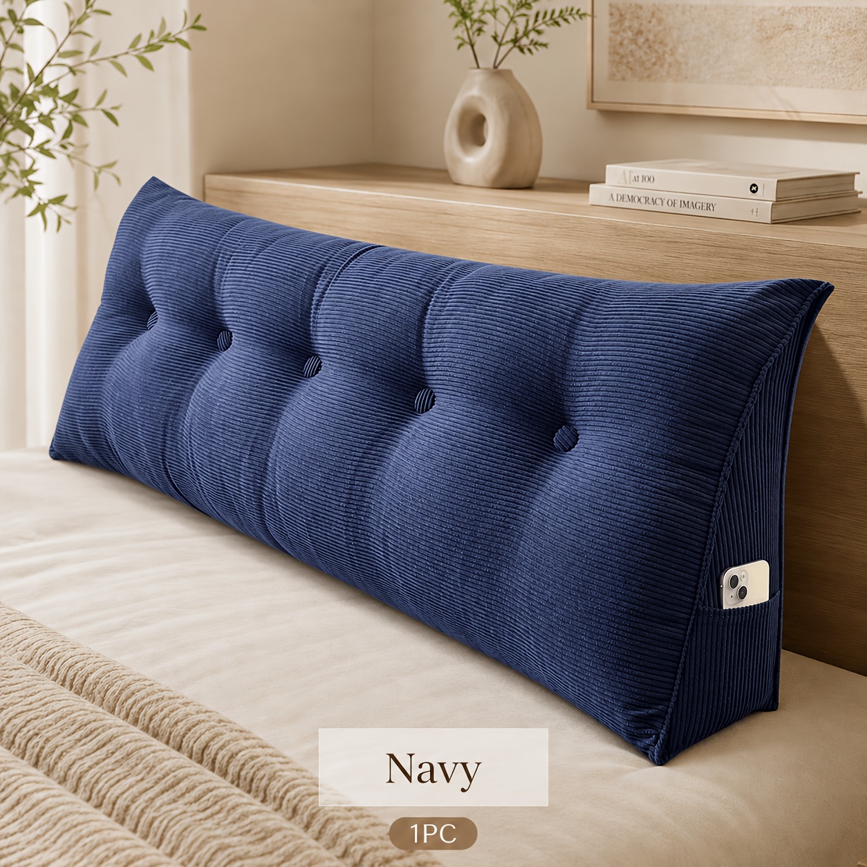 TEMU 1pc Corduroy Backrest Pillow With Side Pocket, Tufted Bed Reading Pillow, Large Bed Rest Cushion For Sofa, Daybed, Bedroom, Dorm, Lounge & Home