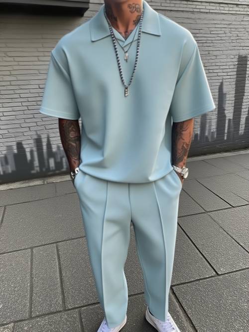 summer new mens casual suit 2pcs set short sleeve long pants suit lapel solid color business suit