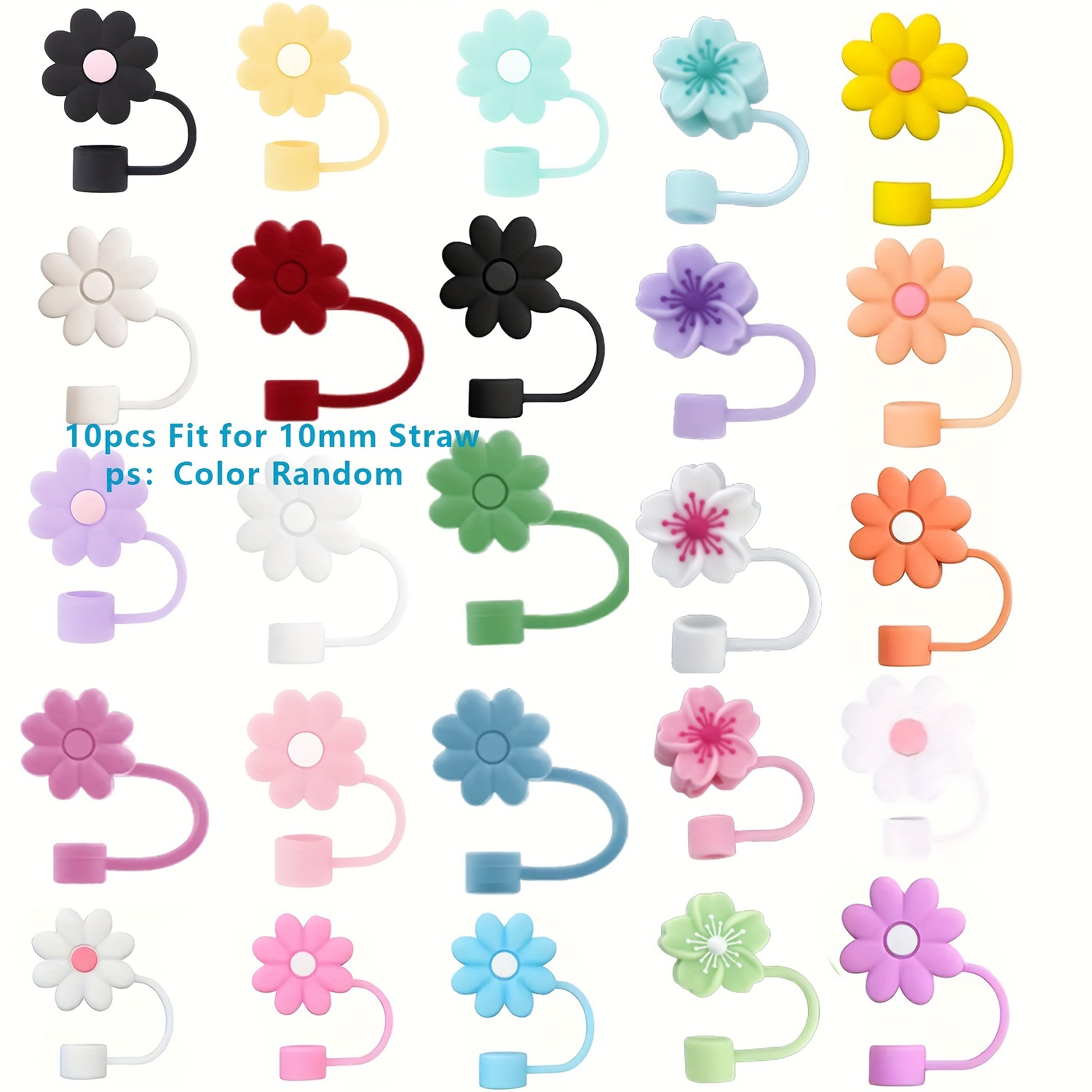 

10-pack Flower Design Silicone Straw Covers For Sports Water Bottles, Universal Fit For 10mm Diameter Straws, Reusable Dustproof Straw Caps, Assorted Colors