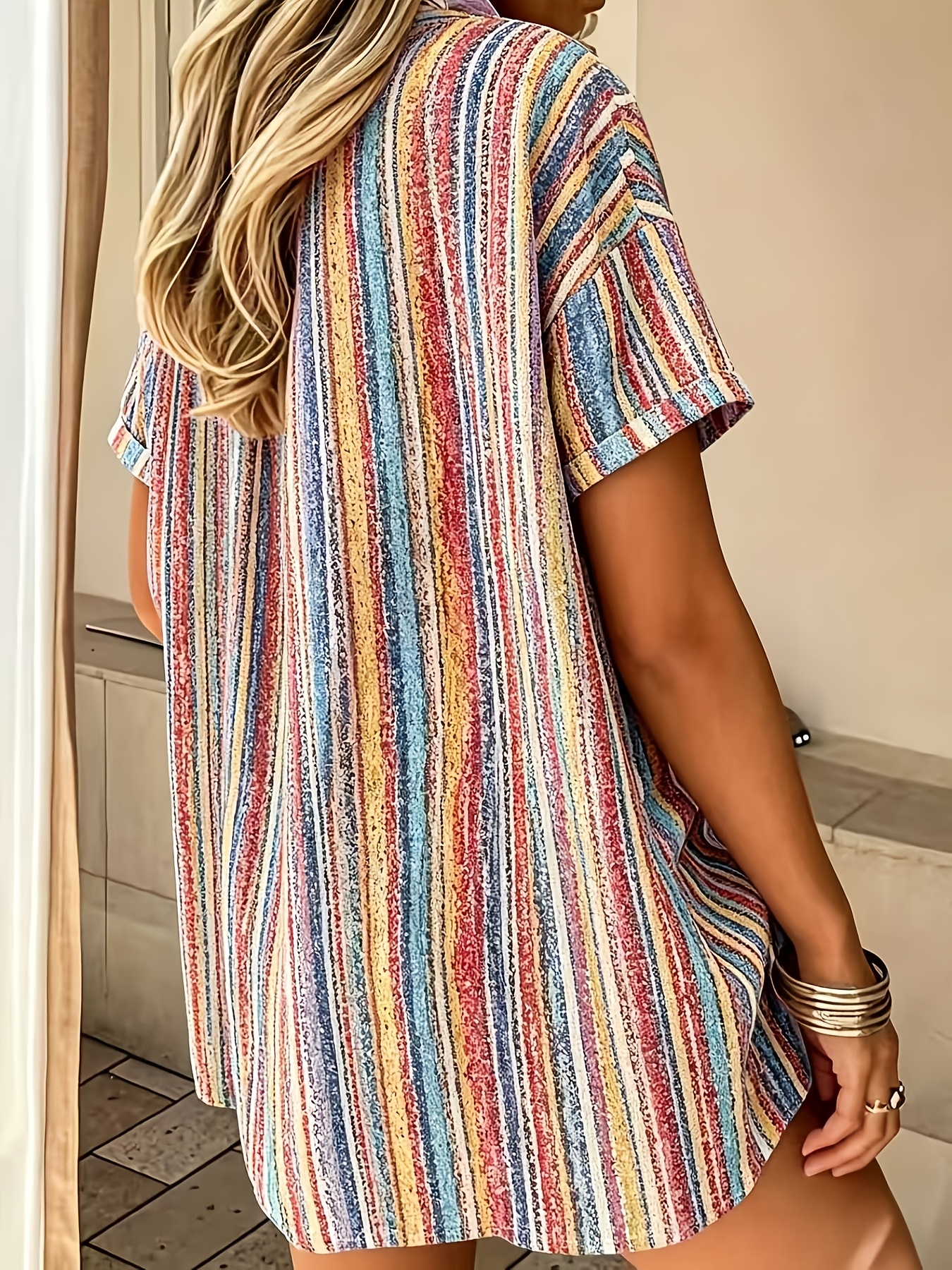 womens summer vintage multicolor striped short sleeve button up shirt loose casual lapel all match   top for daily outing
