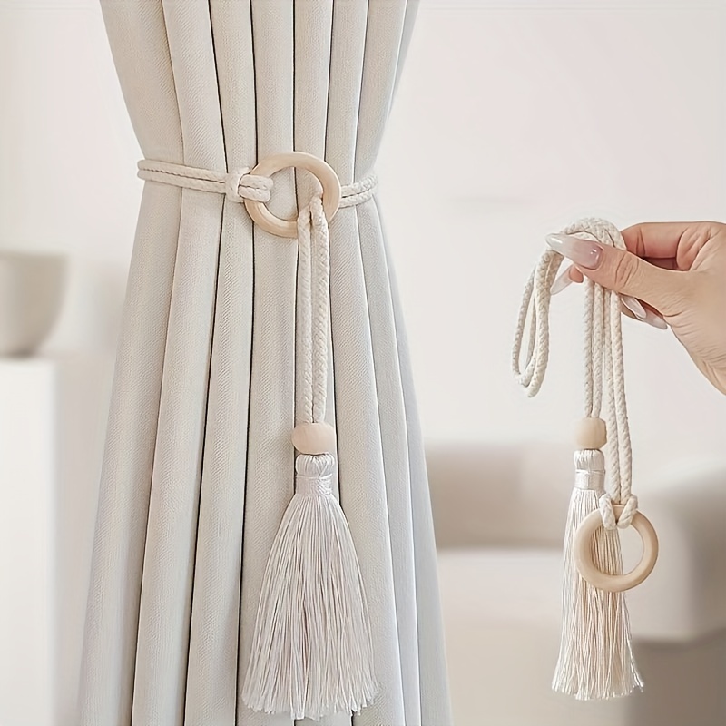 

2pcs Bohemian Adjustable Curtain Tiebacks With Tassels - Handcrafted, Rings For Elegant Bedroom & Living Room Decor