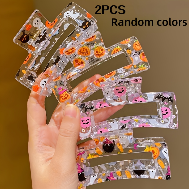 TEMU 2pcs Halloween New Printed Square Transparent Claw Clips Pumpkin Ghost Pattern Hair Clips Women's Back Of Head Updo Shark Clips Hairpins Hair