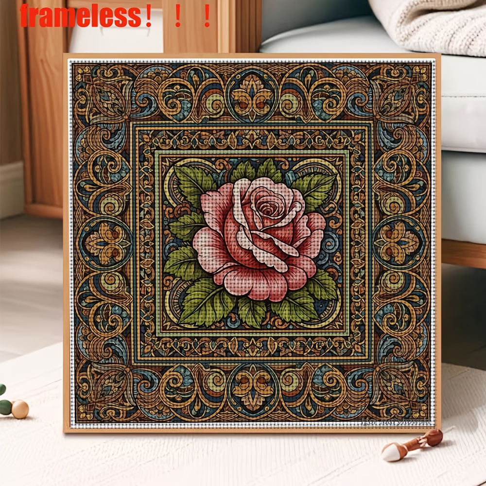 11CT Frameless Cross Stitch Kit, Rose with Patterned Border