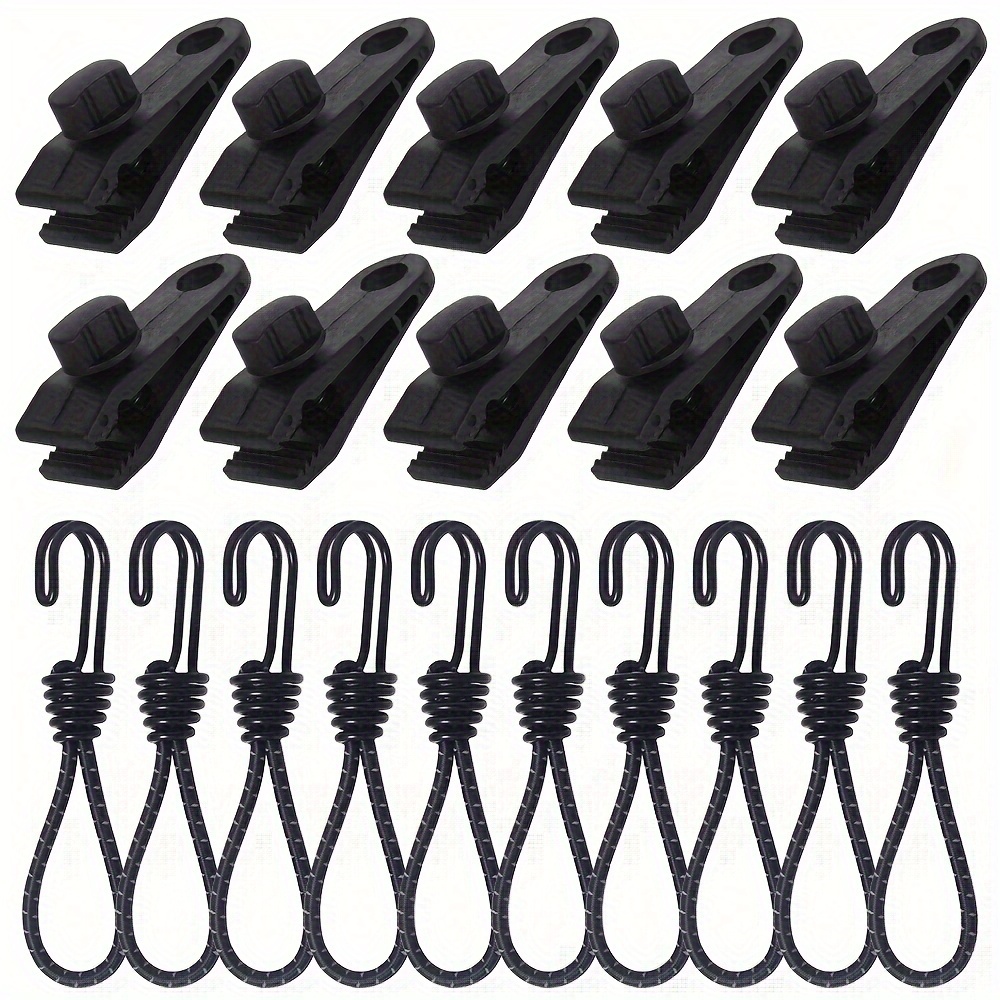 Image of 20pcs Outdoor Tent Clips With Elastic Rope Hooks, Multi-functional Camping Awning And High Quality Tarpaulin Fixing Ropes, Hook Accessories, Includes 10 Tent Clips And 10 Elastic Ropes