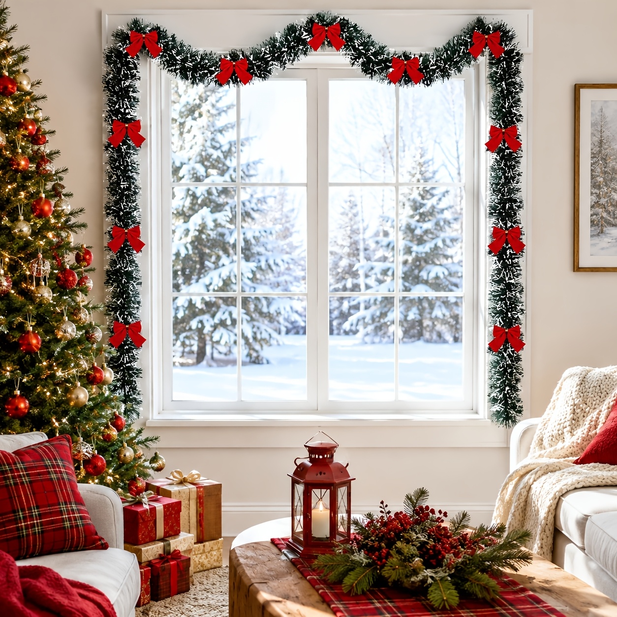 TEMU Guirlande Florale Artificielle d'Hiver de 6 mètres avec Bandes Moelleuses et Nœuds Rouges, Fausses Fleurs de Noël pour Cadres de Porte, Rampe