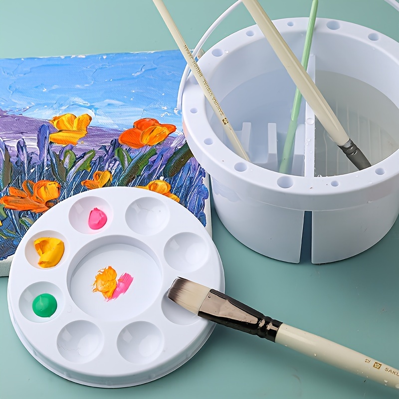 

Multifunctional Art Wash Basin For Students, Round Watercolor And Gouache Paint Mixing Bucket With Brush Holder And Palette Cover, Portable Plastic Art Brush Cleaning Bucket - White