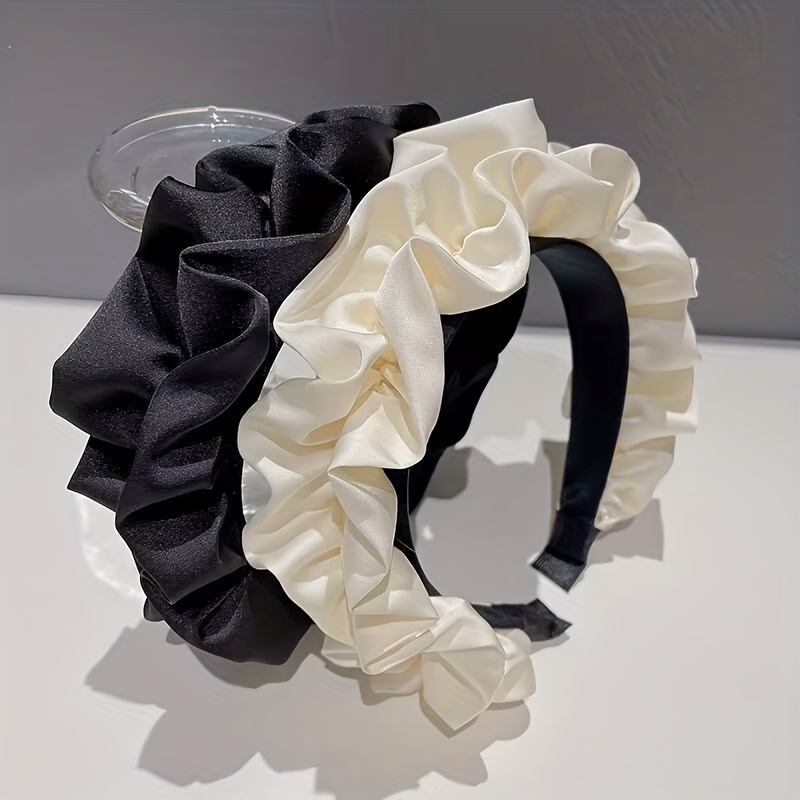 TEMU 2pcs Black And White Dual-tone Satin Ruched Headbands, Vintage Elegant, Delicate And Textured, For Daily Styling Luxury Dressing, A Fashion