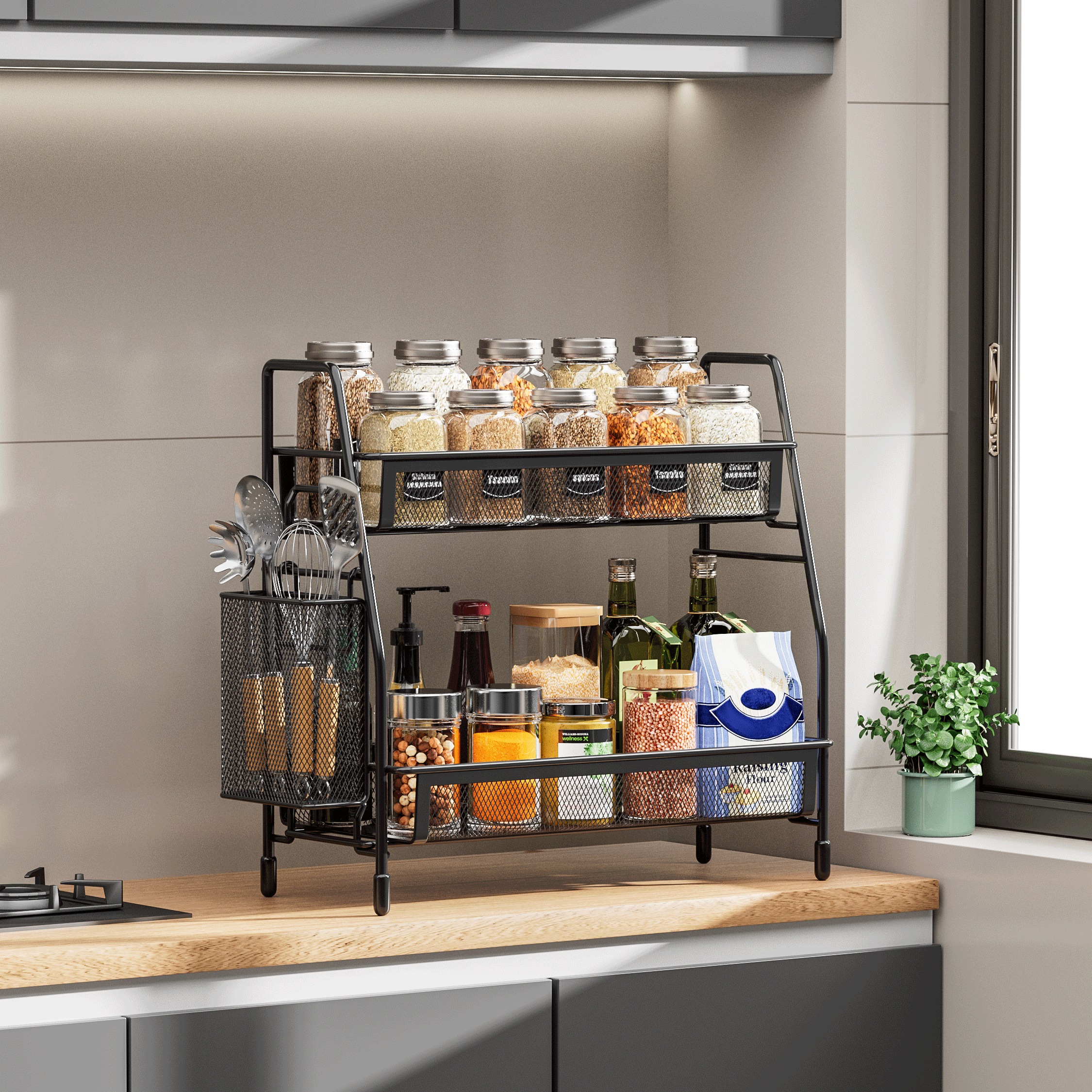 

Kitchen Counter Organizer, Kitchen Organizer Countertop With Side Basket, Metal Spice Rack Organizer, Black 13.8"x7"x12.6