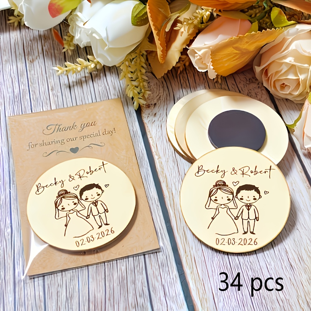 TEMU 34pcs Personalized Wooden Wedding Fridge Magnets Custom Couple Names Wedding Date Cartoon Bride Groom Engraved Magnets Wedding Favor Souvenir