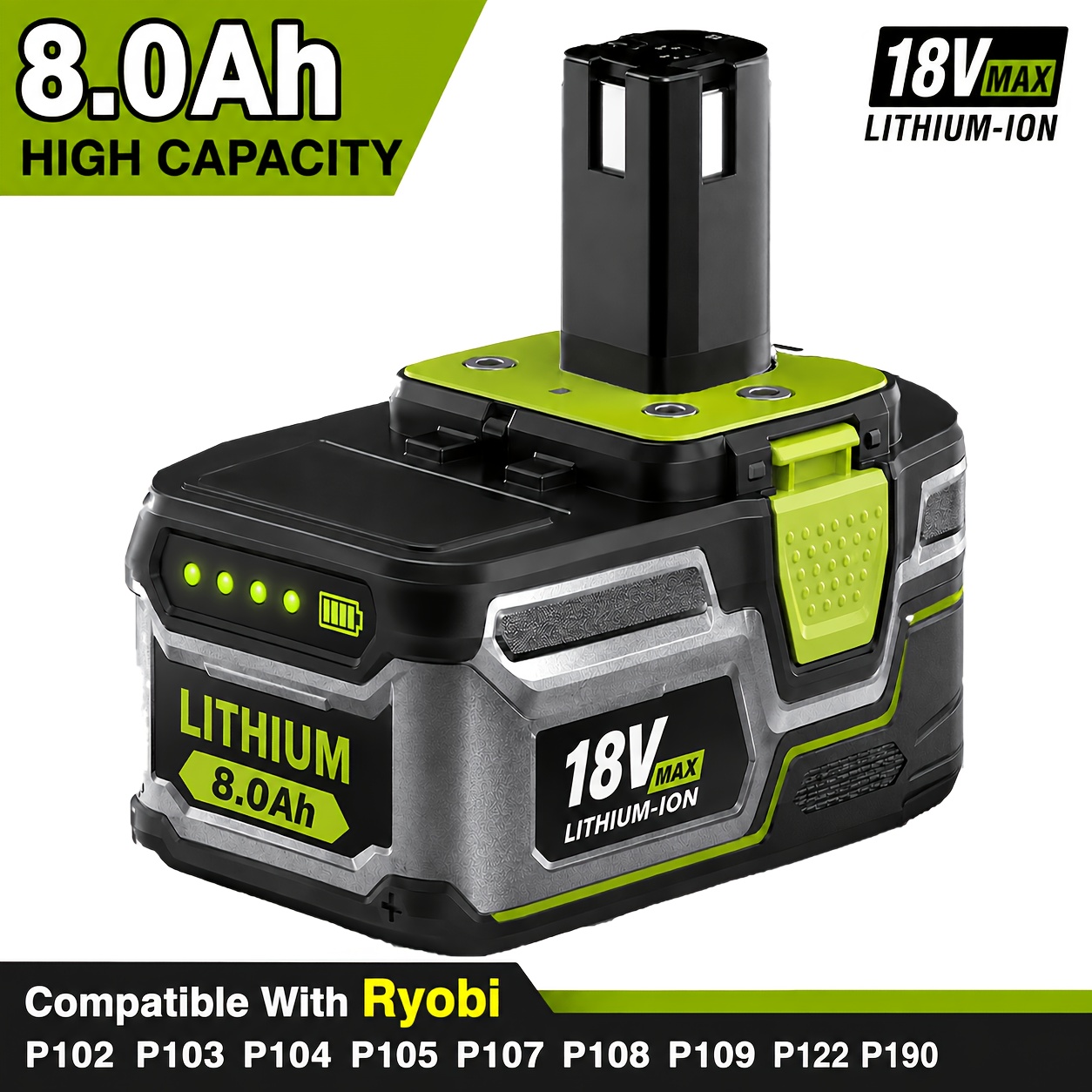Image of 1 Pack 8.0ah 18v Lithium Battery For Ryobi One+, Compatible With P108 P104 P105 P107 P109 P122 , High-capacity, Triple Safety, Long , Durable Metal-plastic Build, Fits All 18v One+ Cordless Tools And