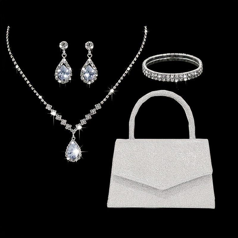 

Elegant 4pcs Set For Women, Rhinestone Embellished Polyester Clutch, Necklace, Earrings, Bracelet, Removable Strap, Magnetic Closure, Solid Color, Party Banquet Evening Bag Set