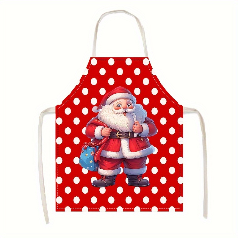 

1pc Christmas Santa Claus Print Linen Apron, Unisex Woven Kitchen Apron With Pocket For Cooking, Baking, And Party - 100% Linen Material