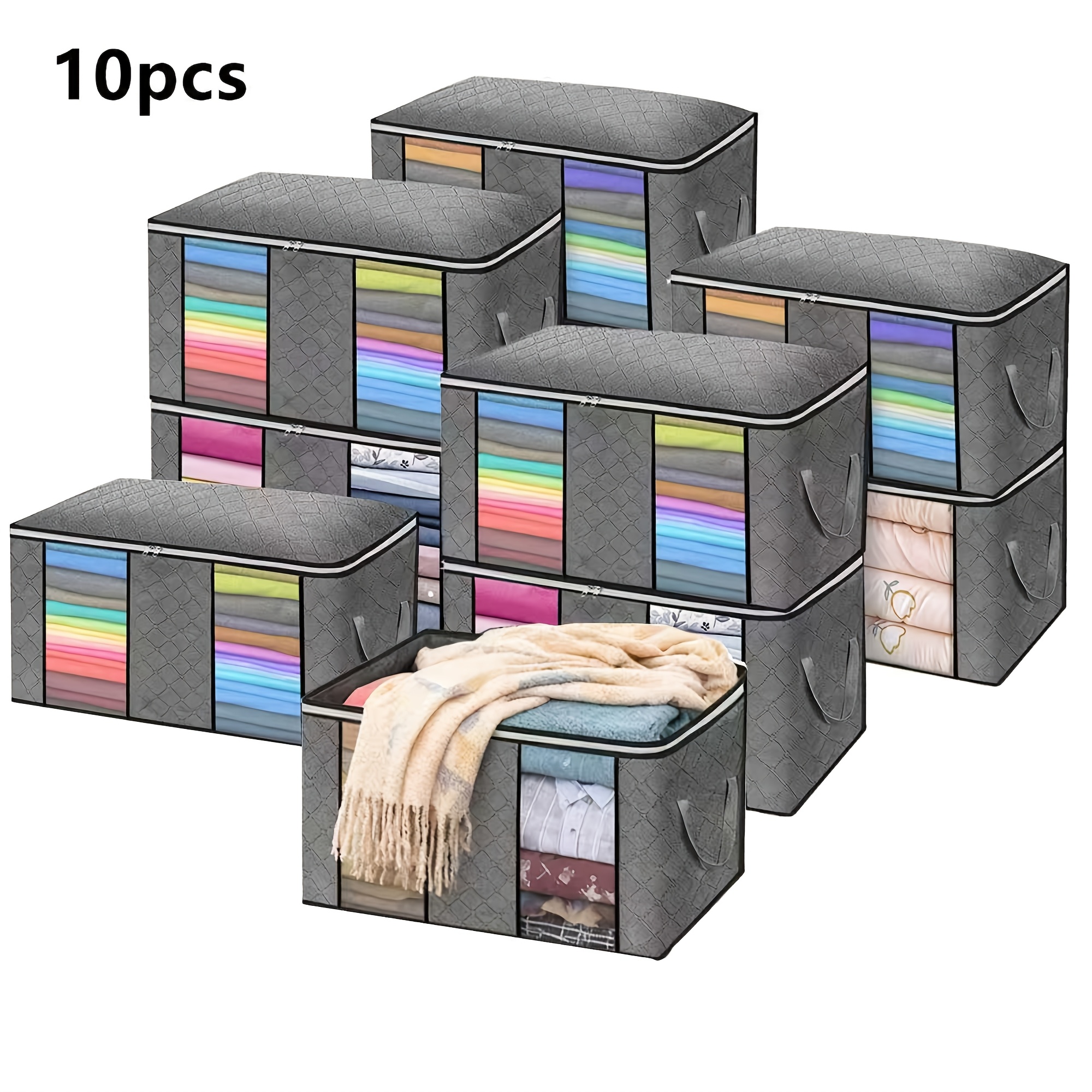 E-shop 10 Stück Faltbare Aufbewahrungstaschen mit Doppel-Fenster und Reißverschluss - Aufbewahrungsboxen, geeignet für Kleidung, Bettwäsche, Gepäck und