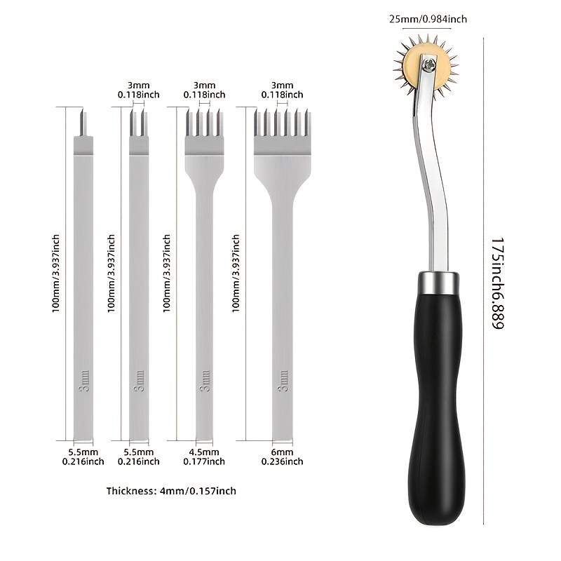 TEMU 5pcs Leather Pricking Iron Tracing Wheel Tools, Polished Carbon Steel Chisel Solid Wood Handle, Marking, Diy Punch Kit For Leather Belt Shoe