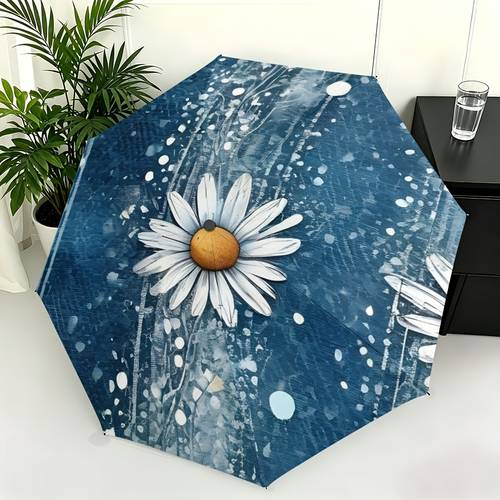item picture 1pc women automatic block umbrella with daisy oil painting canopy lightweight folding sun umbrella suitable for travel beach pool commuting outdoor automatic open close compact portable with 8 rib base
