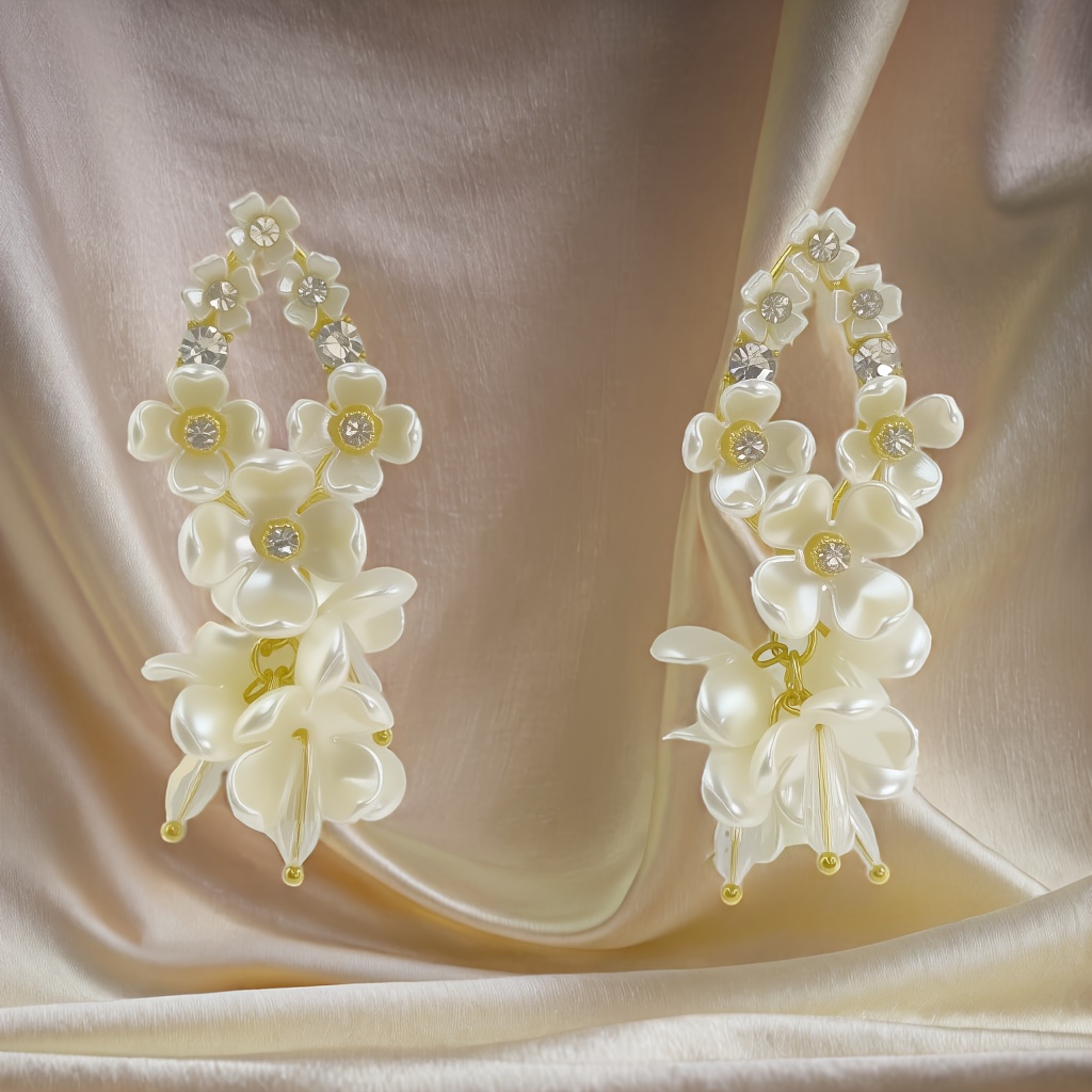 Floral Dangle Earrings with Sparkling Rhinestones 925 Sterling Silver