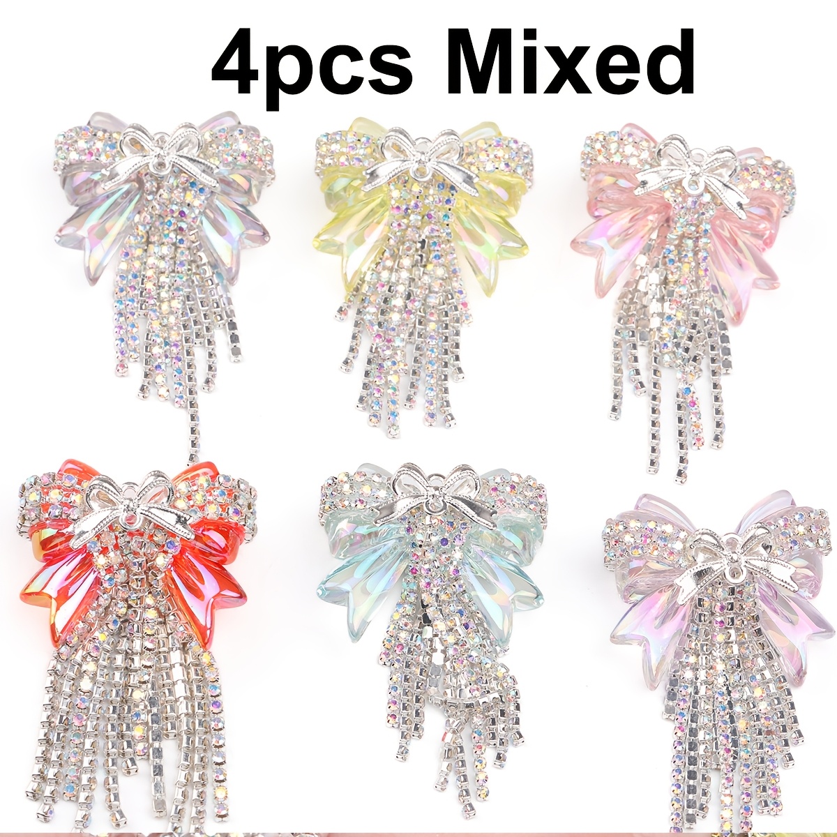 TEMU 4pcs Random Colors Bow Rhinestone Acrylic Tassel Beads - 3d Beads, Large Spacer Beads For Beadable Pens