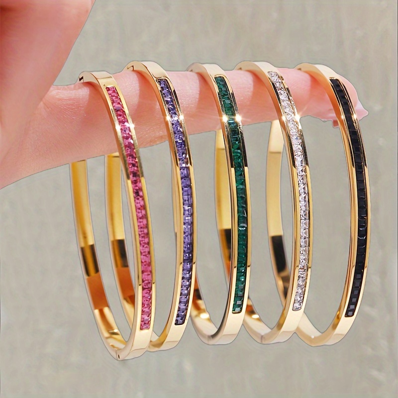 

5-piece Set, Women' Stainless Steel Bracelets With Single-row Diamonds, 18k Golden Plated, Rhinestone Accents, & Gift, Accessory