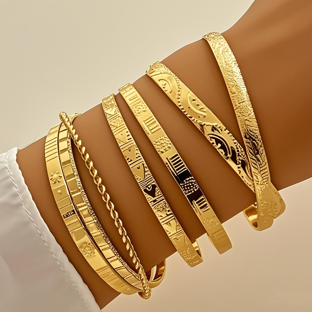 7pcs Set Of Ancient Minimalist -patterned Bracelets, Fashionable European And Trendy Hand Accessories