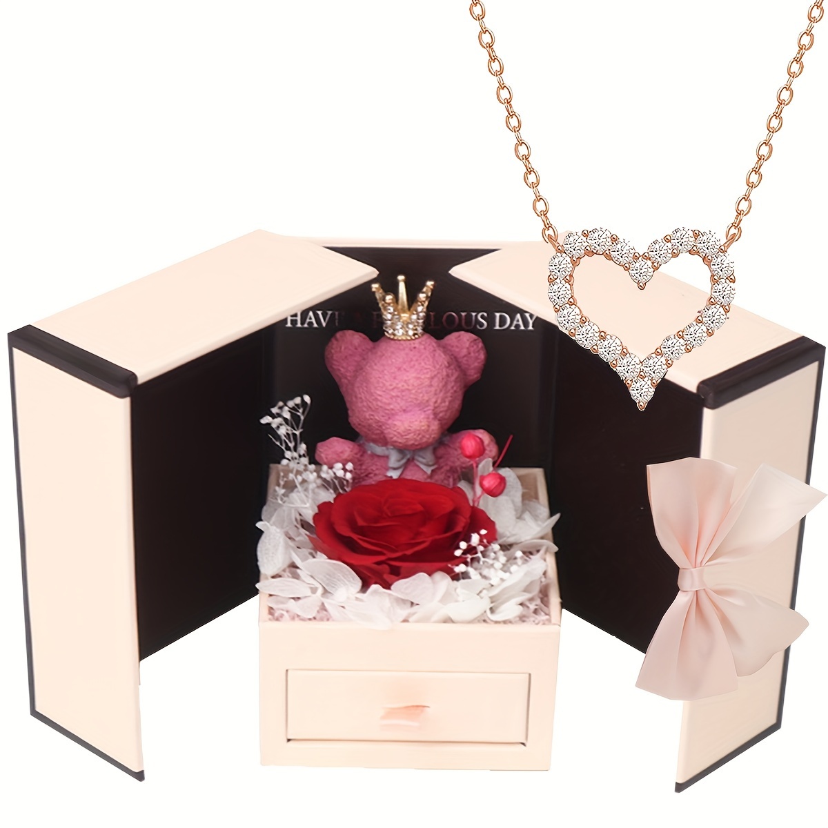 

1 Set Real Rose Gift Box With Heart-shaped Exquisite Necklace Elegant Versatile Jewelry Romantic Creative Birthday Anniversary Valentine's Day Mother's Day Gifts For Women