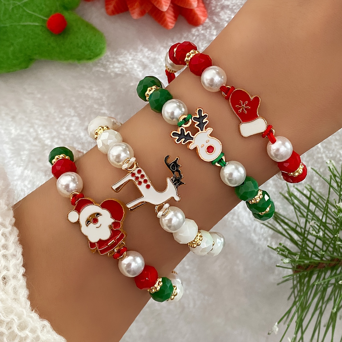 

Christmas Charm Bracelets Set Of 4 - Cute Festive Santa, Reindeer, Glove Pendants With Imitation Pearls - No-metal-plating Fashion Jewelry For - Holiday Gift Unisex Hand Chains For