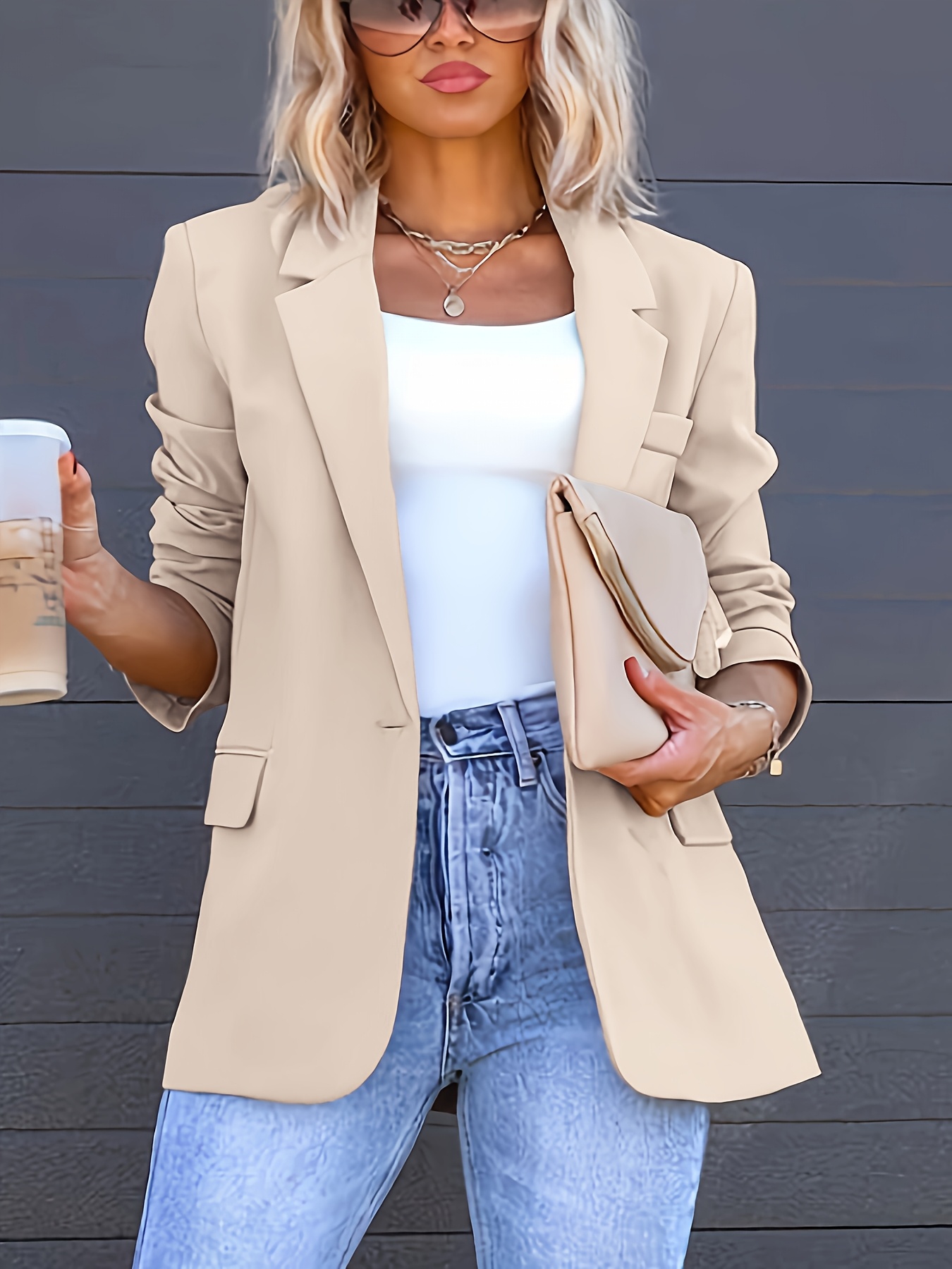 Chaqueta Elegante Beige para Mujer Corte H Larga, Color Ideal para  y Casual en */Otoño a */Limpieza en Sec
