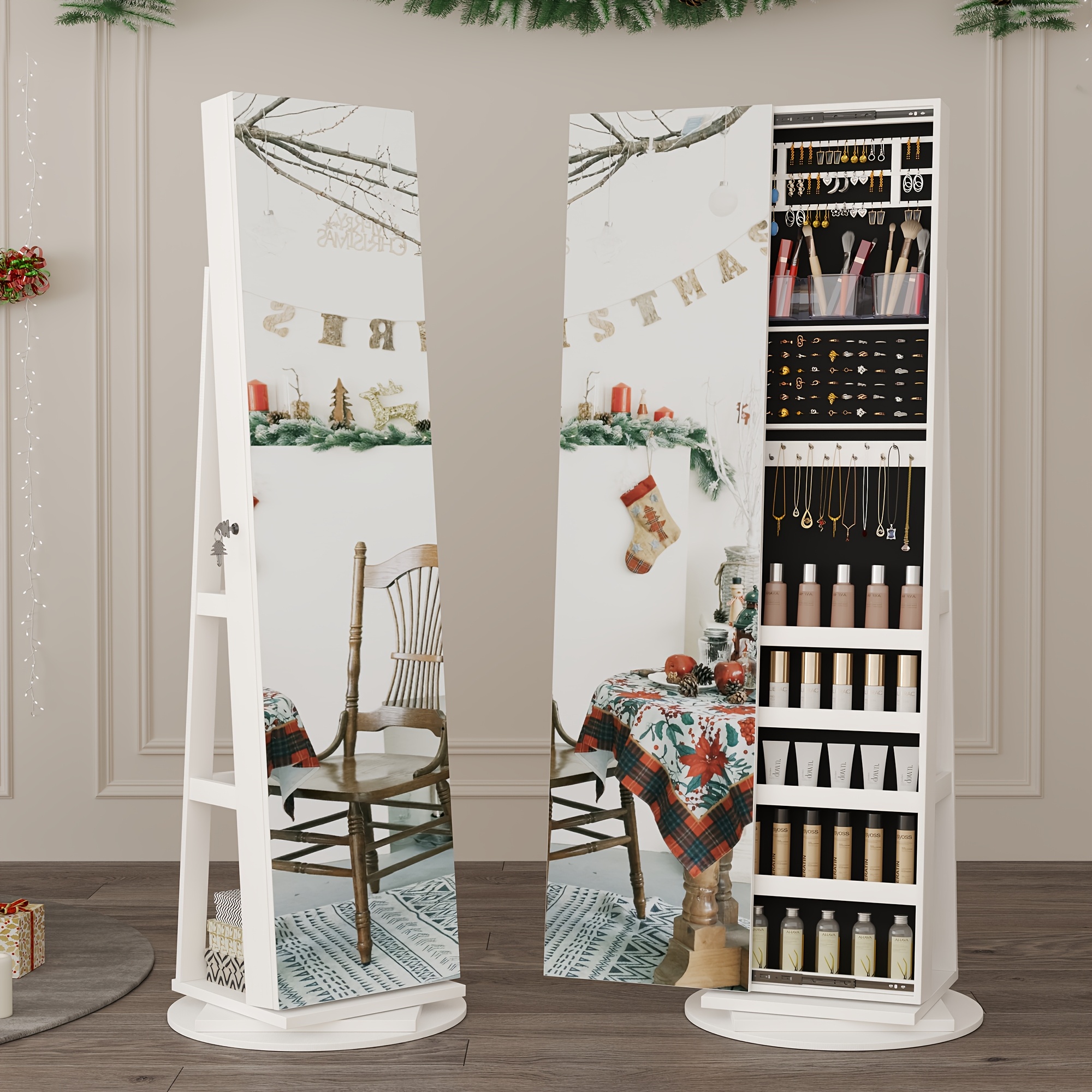 hwb 360 rotating jewelry   with lights lockable   jewelry cabinet standing full length   with jewelry storage large jewelry   organizer wheels foldable makeup shelf Product details 1