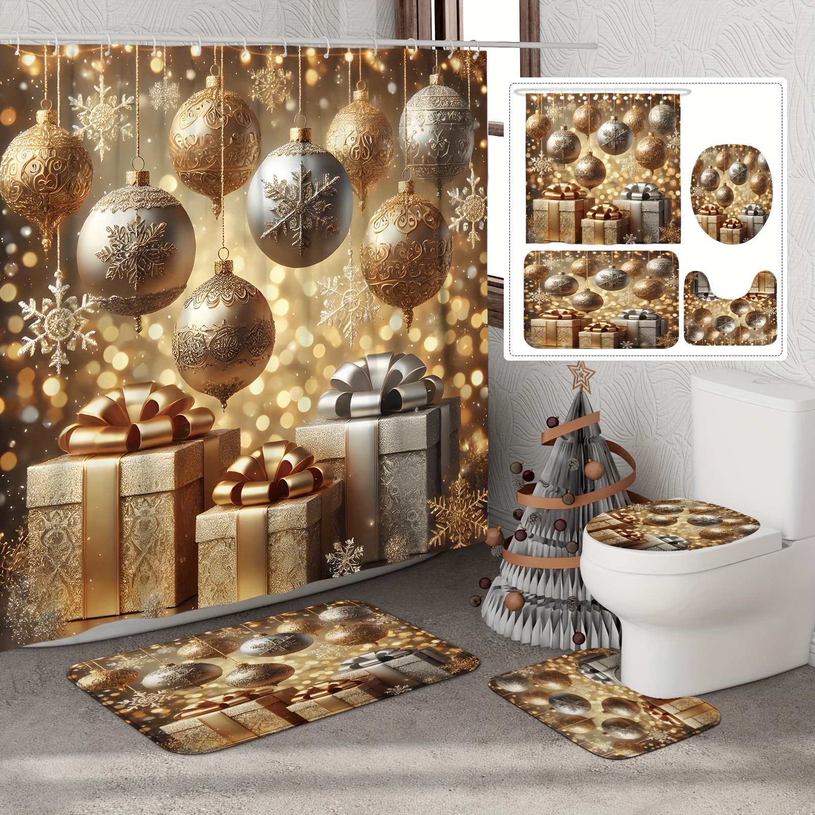 

Luxury Golden Snowflake Christmas Shower Curtain Set - 1/4pcs Including Hooks, Non-slip Bath Mat, U-shaped Toilet Lid Cover & Polyester Rugs, Waterproof & Machine Washable Bathroom Decor