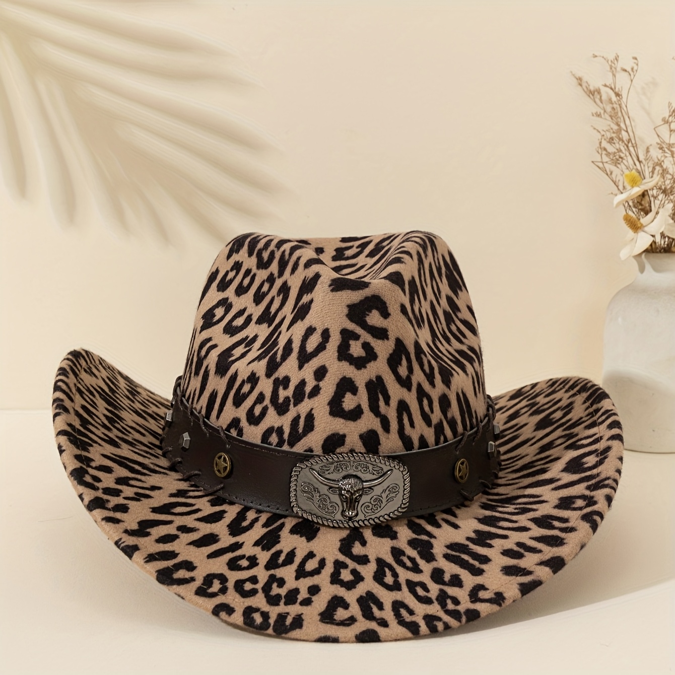 

1pc Leopard Print Western Cowboy Hat With Detachable Emblem, Polyester, Adjustable Size, Woven, For & , Holiday-themed For Christmas, Halloween, Thanksgiving