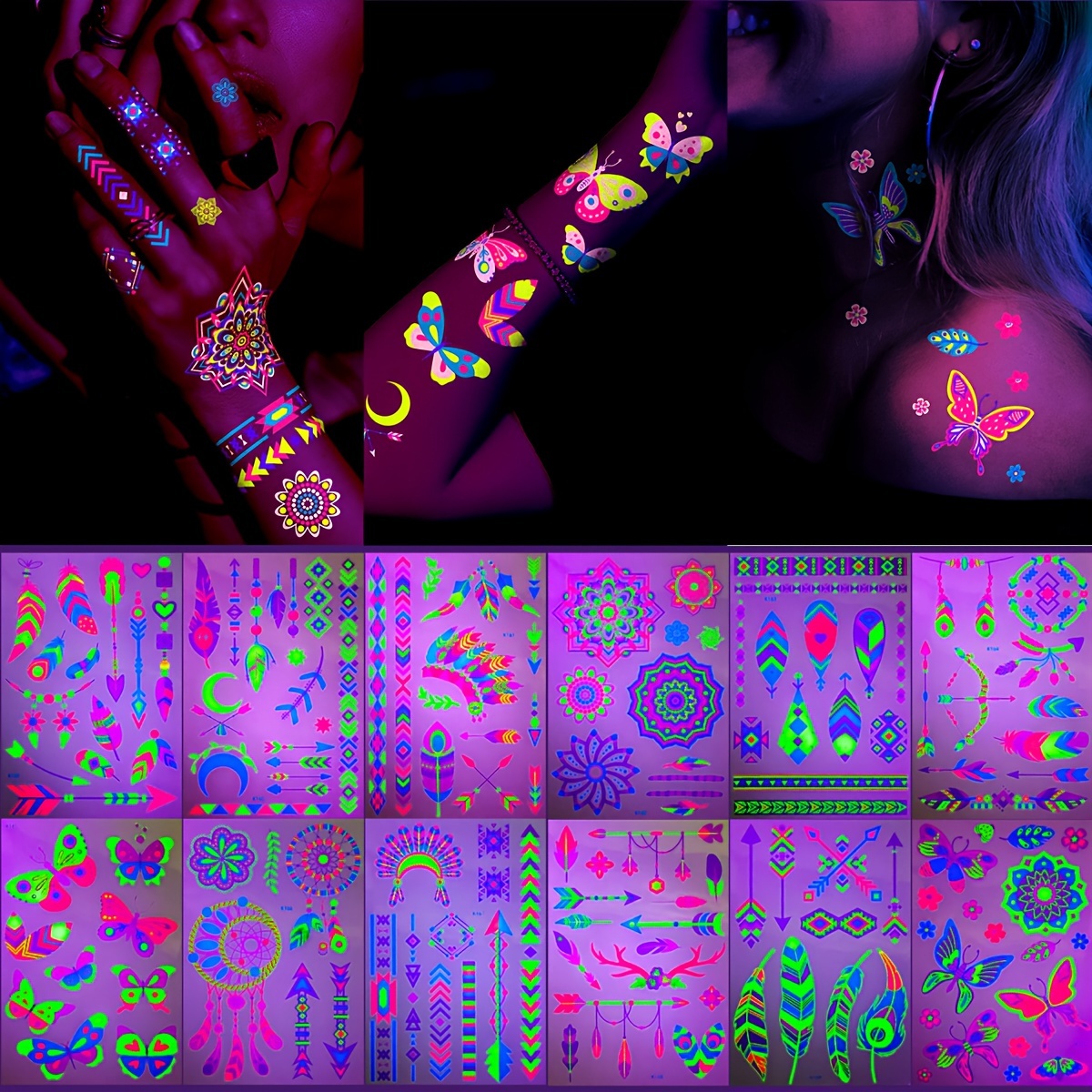 12 sheets   temporary tattoos glow in the   art stickers with neon green   purple yellow orange red waterproof night out easy application removal for women men glow in the dark tattoo tattoo temporary