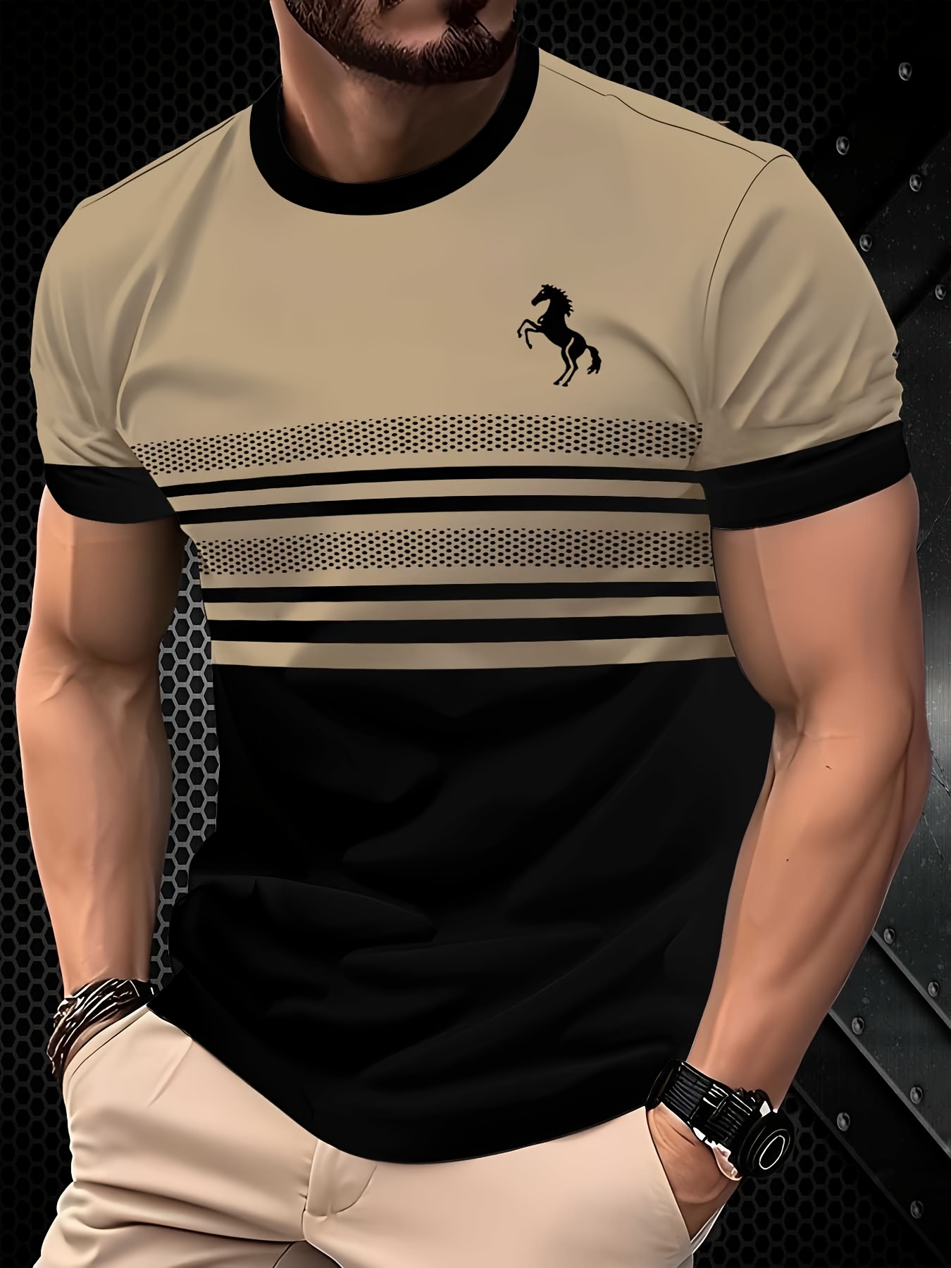 Men'S Striped Horse 3D Print T-Shirt, Casual Summer Sportswear, Crew Neck, Slight Stretch Fabric, Regular Fit - Black/White/Green