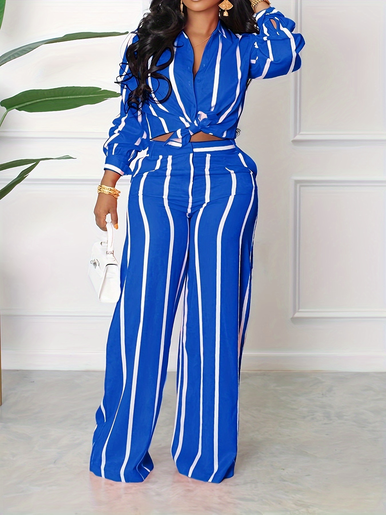 Striped Print Two piece Set Button Front Collar Long Sleeve - Temu