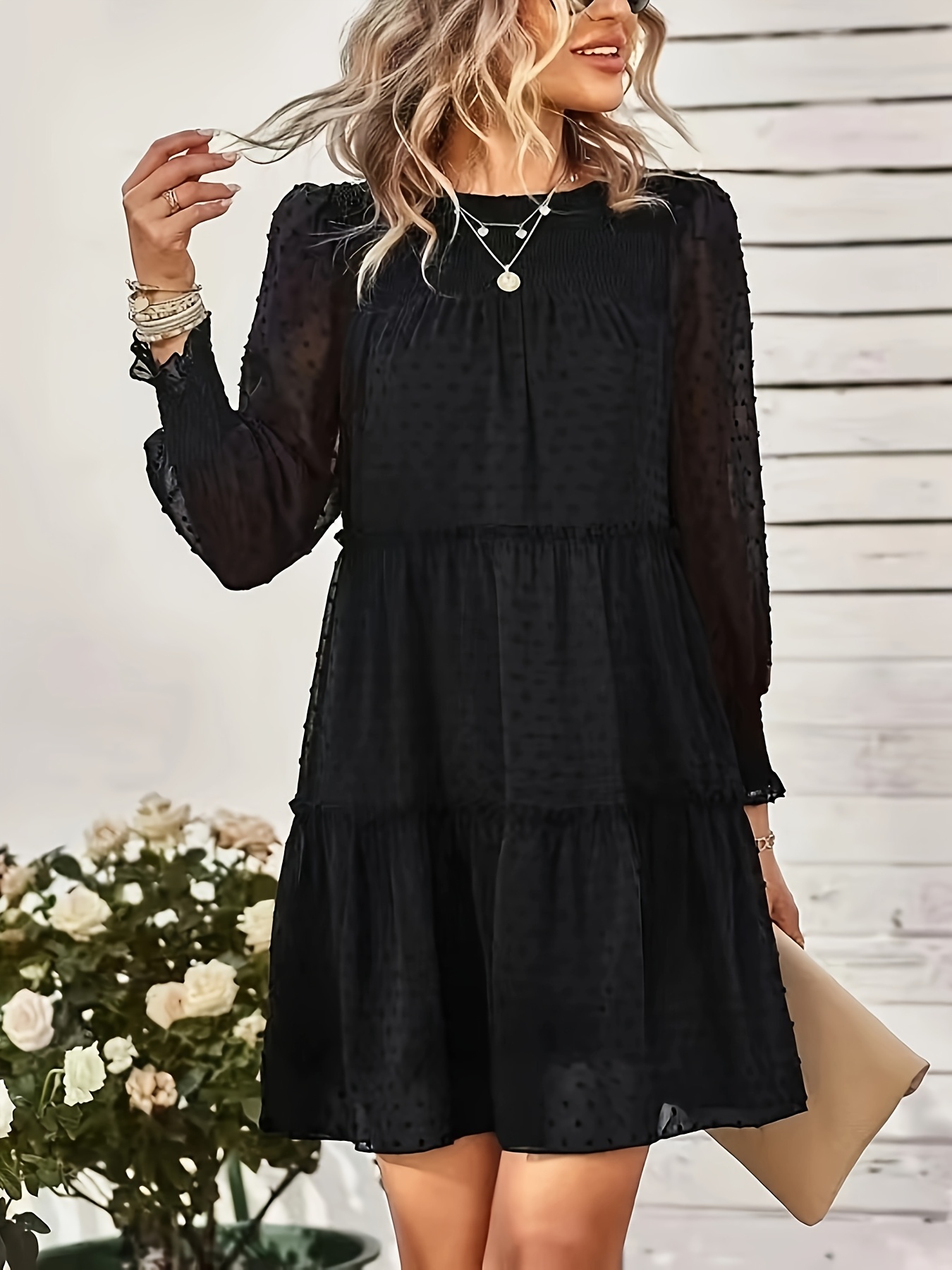 black polka dot chiffon dress french style vintage a line