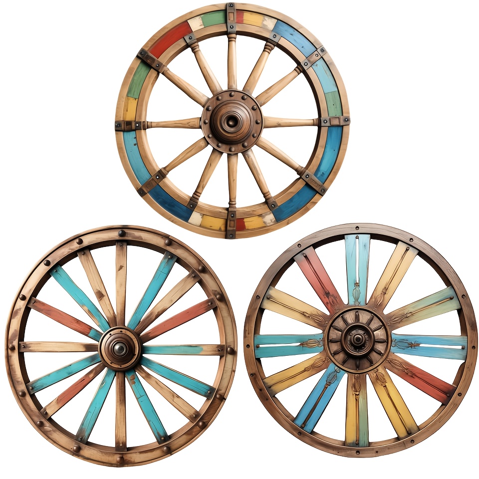 

Bohemian Vintage Wooden Carriage Wheel Art - Colorful Rustic Decor For Home, Bar, Garage | Western Cowboy Boot Theme