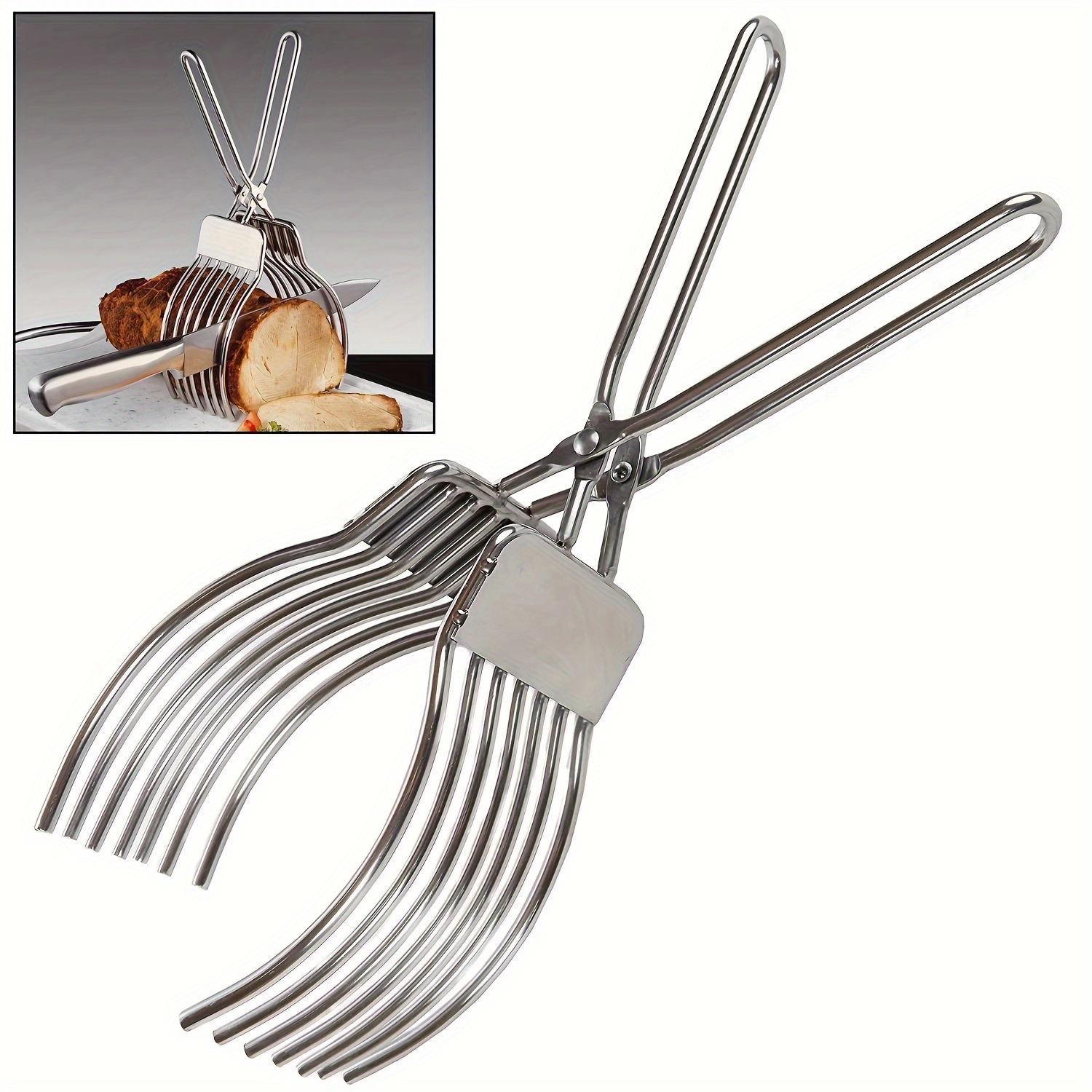 

1pc, Stainless Steel Roast Beef Cutting Tongs, Meat Bread Slicing Tong, Portable Barbecue Tongs, Onion Tomato Holder For Slicing Vegetable Fruits Cutting, Kitchen Stuff