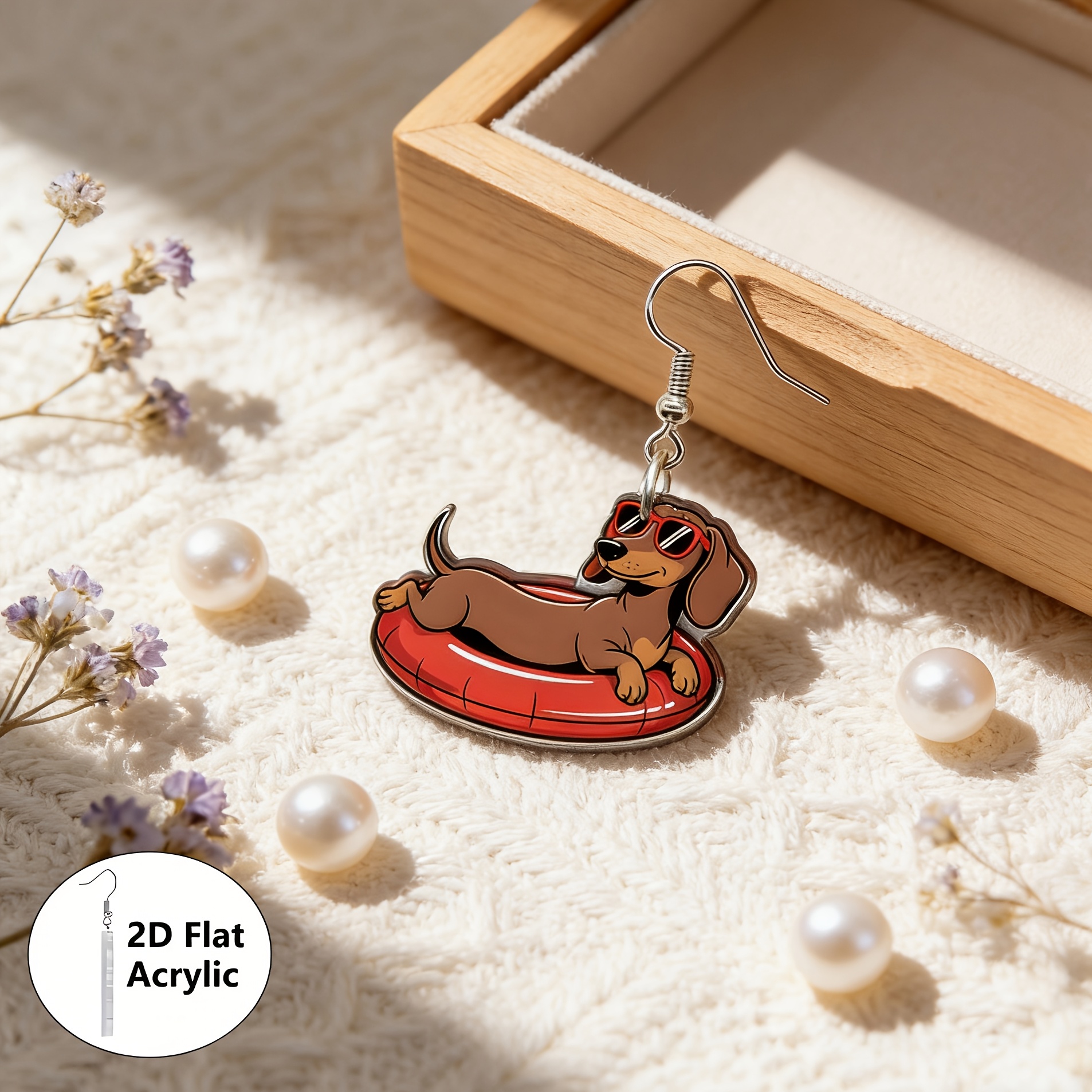 Watercolor Summer Swim Ring Dachshund Acrylic Earrings