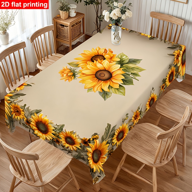 TEMU 1pc Yellow Sunflower Print Tablecloth | Polyester, Machine Washable, Lace Trim Design, Suitable For Indoor And Outdoor Decoration, For Parties