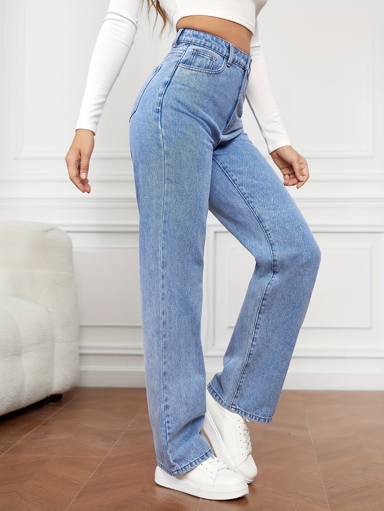 womens high waist washed jeans versatile straight leg pants casual style denim long trousers for daily wear details 5