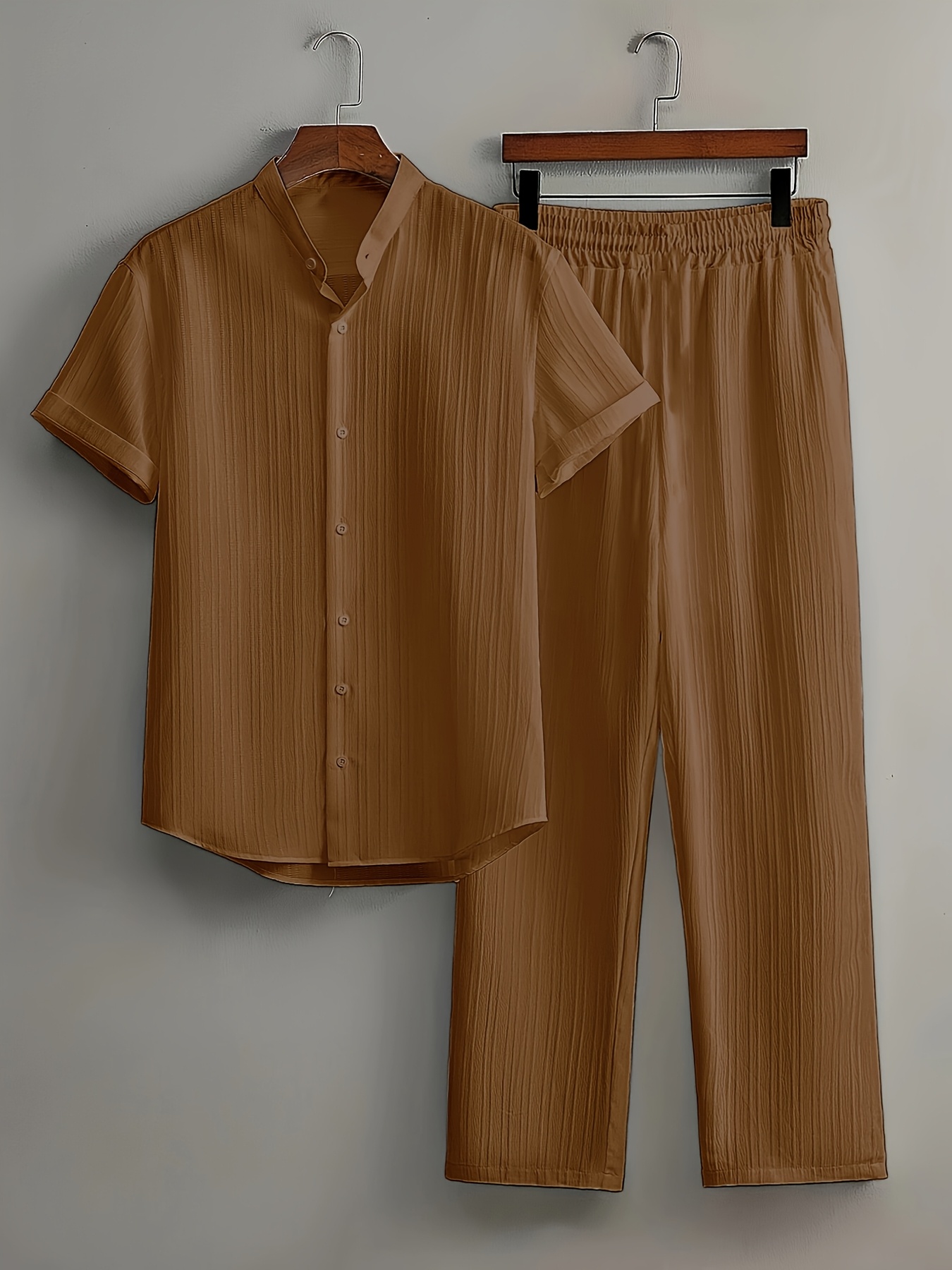 Men's Summer, Fashionable Wave Pattern Simple Casual Short Sleeve Shirt and Plain Trousers Set