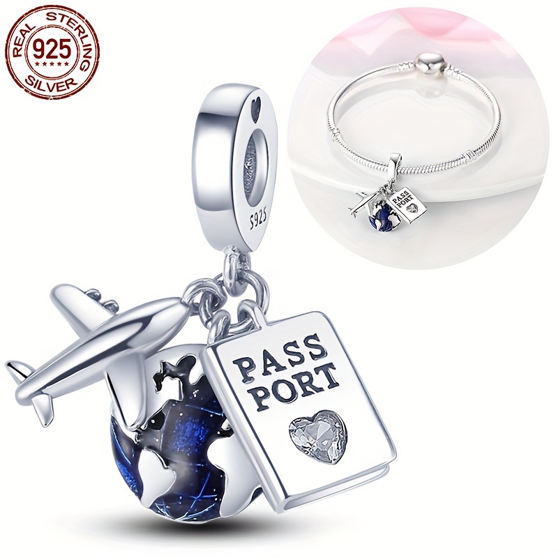 

1pc 925 Sterling Silver Airplane Passport Earth Pendant Fit Original Bracelets And 3mm Bracelets, Women's Fashionable Beads, Exquisite Jewelry Diy Holiday Birthday Gifts, Silver Weighing 3g/0.11oz