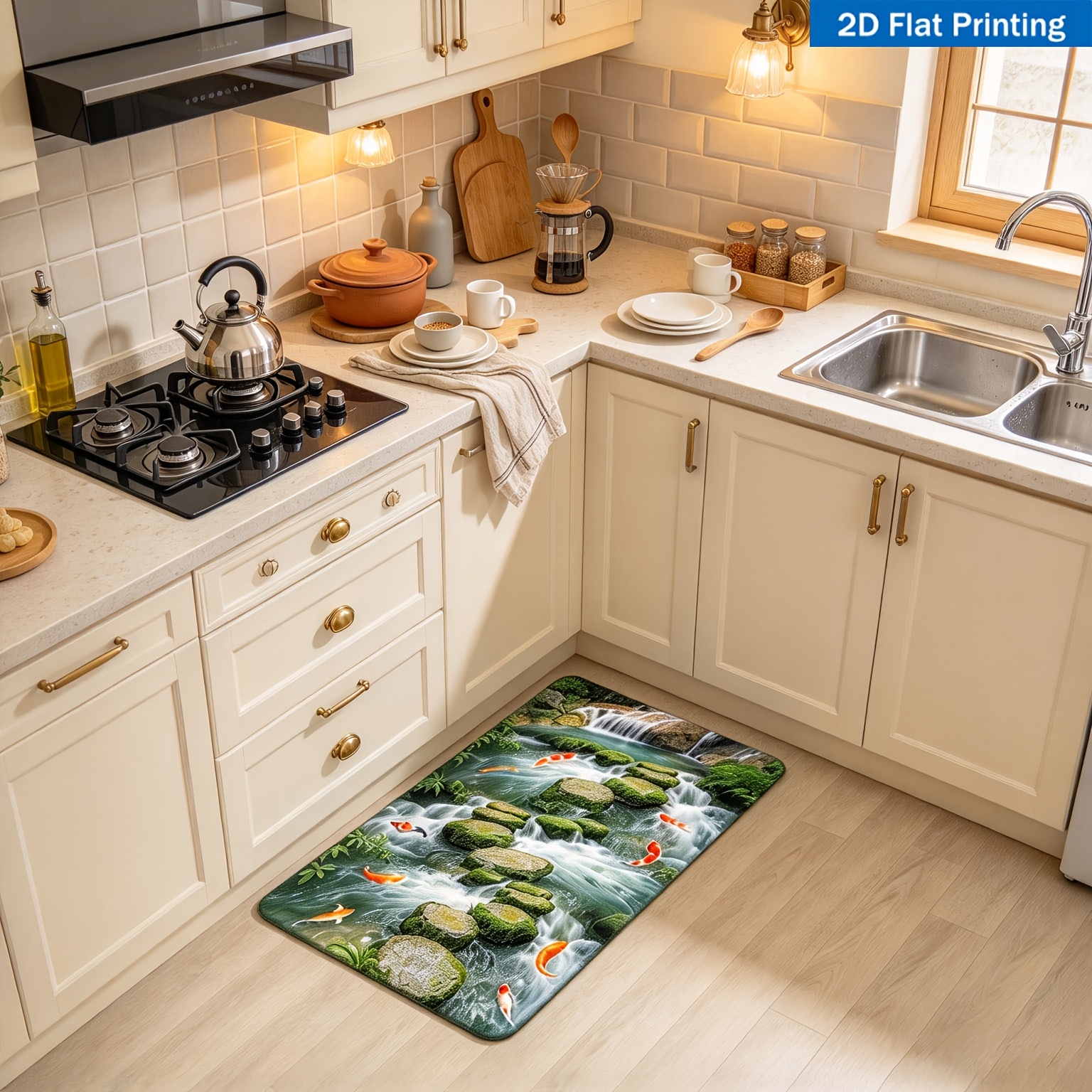 TEMU 1pc High-definition Digital Flat Print River Stone Fish Pattern Kitchen Mat - Non-slip Polyester Fiber Kitchen Mat With A Vibrant Waterfall And