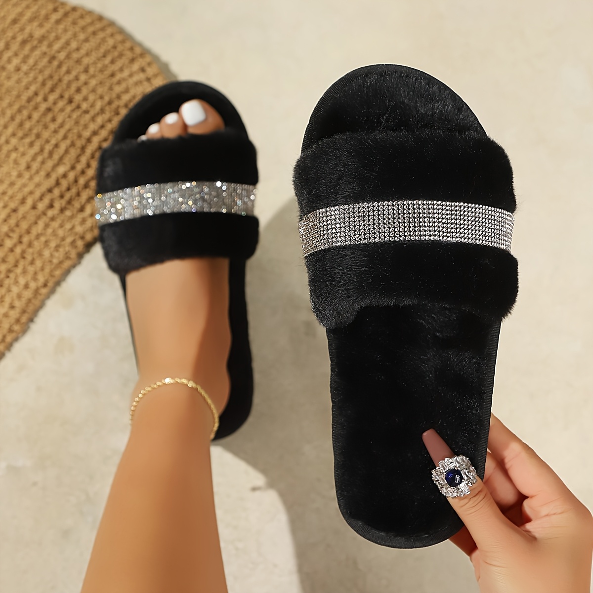 TEMU Women's Rhinestone Plush Slippers - /korean Style Soft Fluffy Sandals With Rhinestone Strap, Wide Width Suitable For Home, Tpr Sole & Cushioned