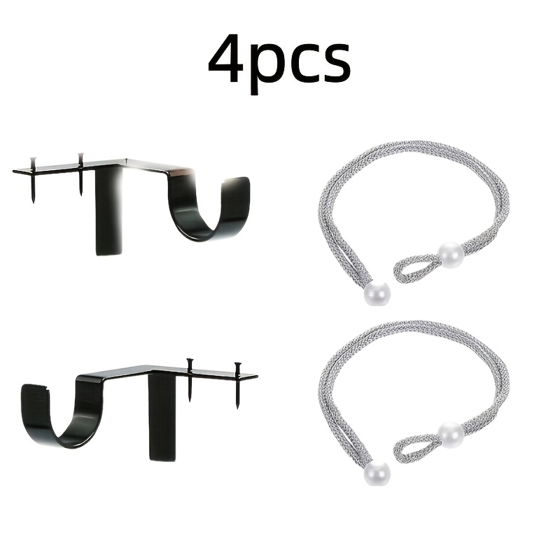 TEMU 4pcs Set: 2pcs Curtain Brackets + 2pcs Curtain Tiebacks, Heavy-duty No-drill Adjustable Curtain Rod Brackets - Cast Iron Wall-mounted Support,
