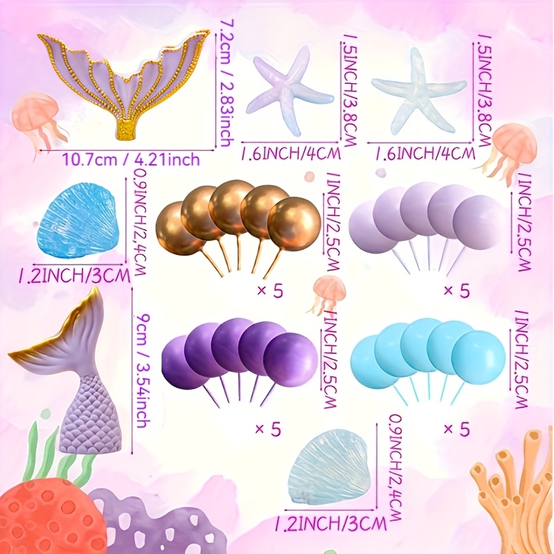 TEMU Mermaid Cake Decorations, 26pcs Set Of Underwater Cake Decorations, Shell Cake Decorations, Mermaid Tail Cake Decorations, Mermaid Birthday Cake
