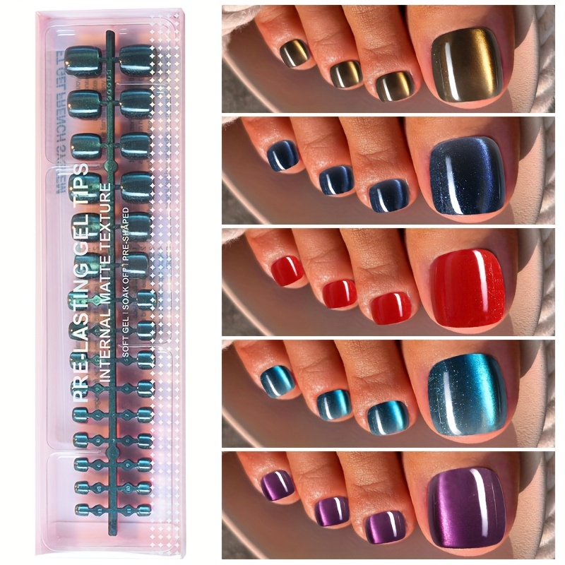 TEMU 150pcs Short Round Blue, Rose Red, , Lake Blue, Red Soft Gel Cat Eye Press-on Toenails, Glossy Shiny Cat Eye Surface, 15 Sizes , Suitable For Women And Nail Salons For Summer, Toenails Decoration