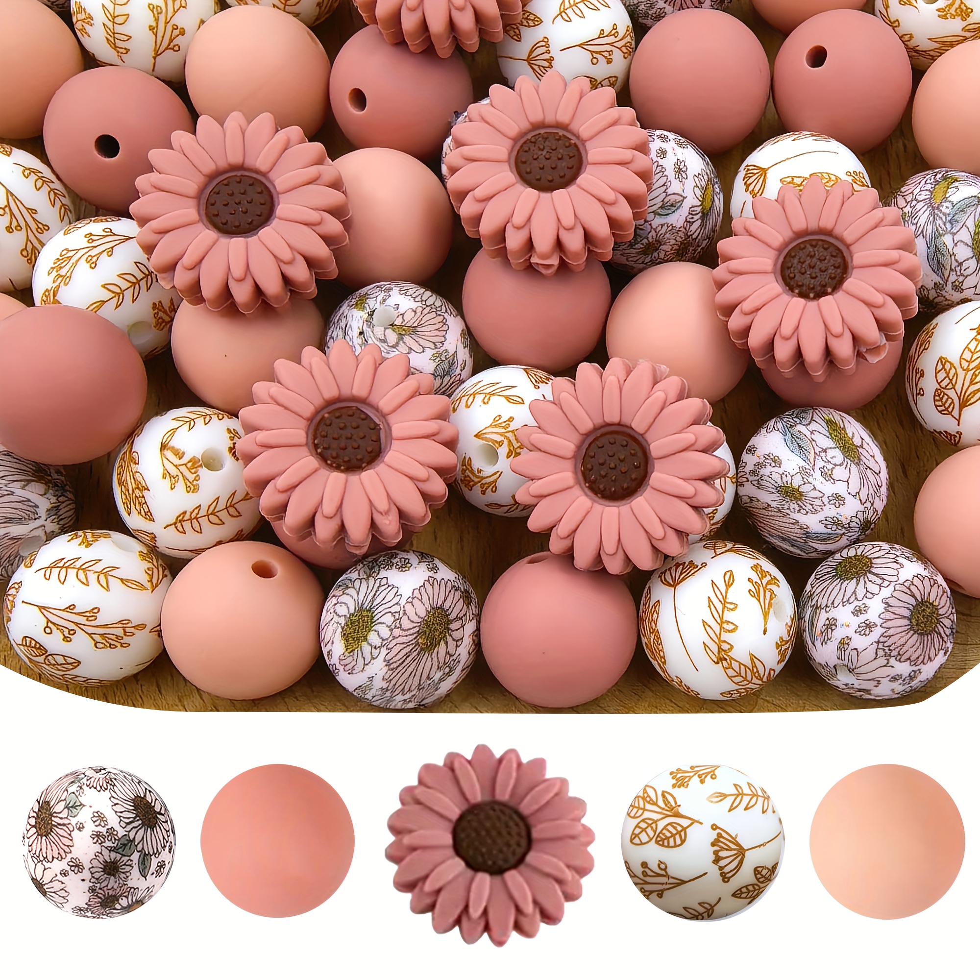 E-shop 25 Stück Silikonperlen Rötlich-Braun Gänseblümchen mit Braunem Gänseblümchenmuster Runde Perlen und Fallendes Blumenmuster Runde Perlen,