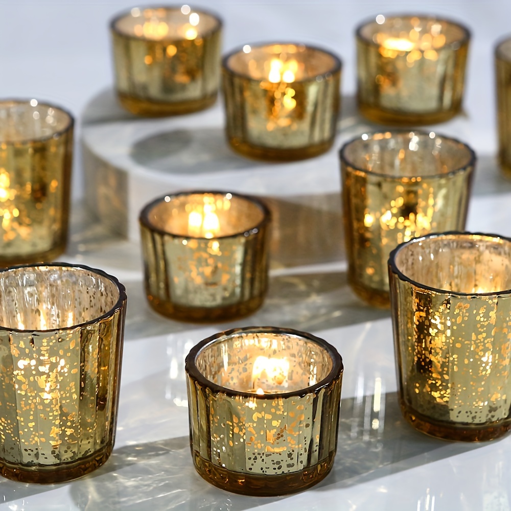 

Set Of 10 Glass Votive Candle Holders, Mercury Speckle Finish, Lacquered Tabletop Tealight Holders For Wedding Centerpieces, Golden Themed Party Decor & Home Decoration