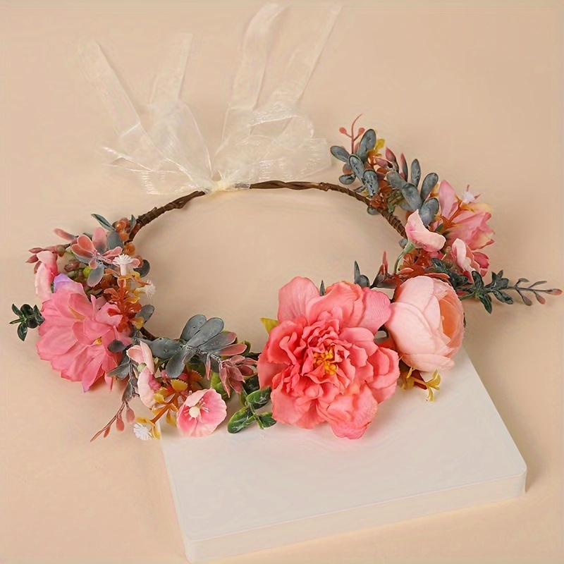 

1pc Artificial Flower Crown Headband, Romantic Sweet Wedding Bridal Hair Accessory, Holiday Tourism Floral Headpiece