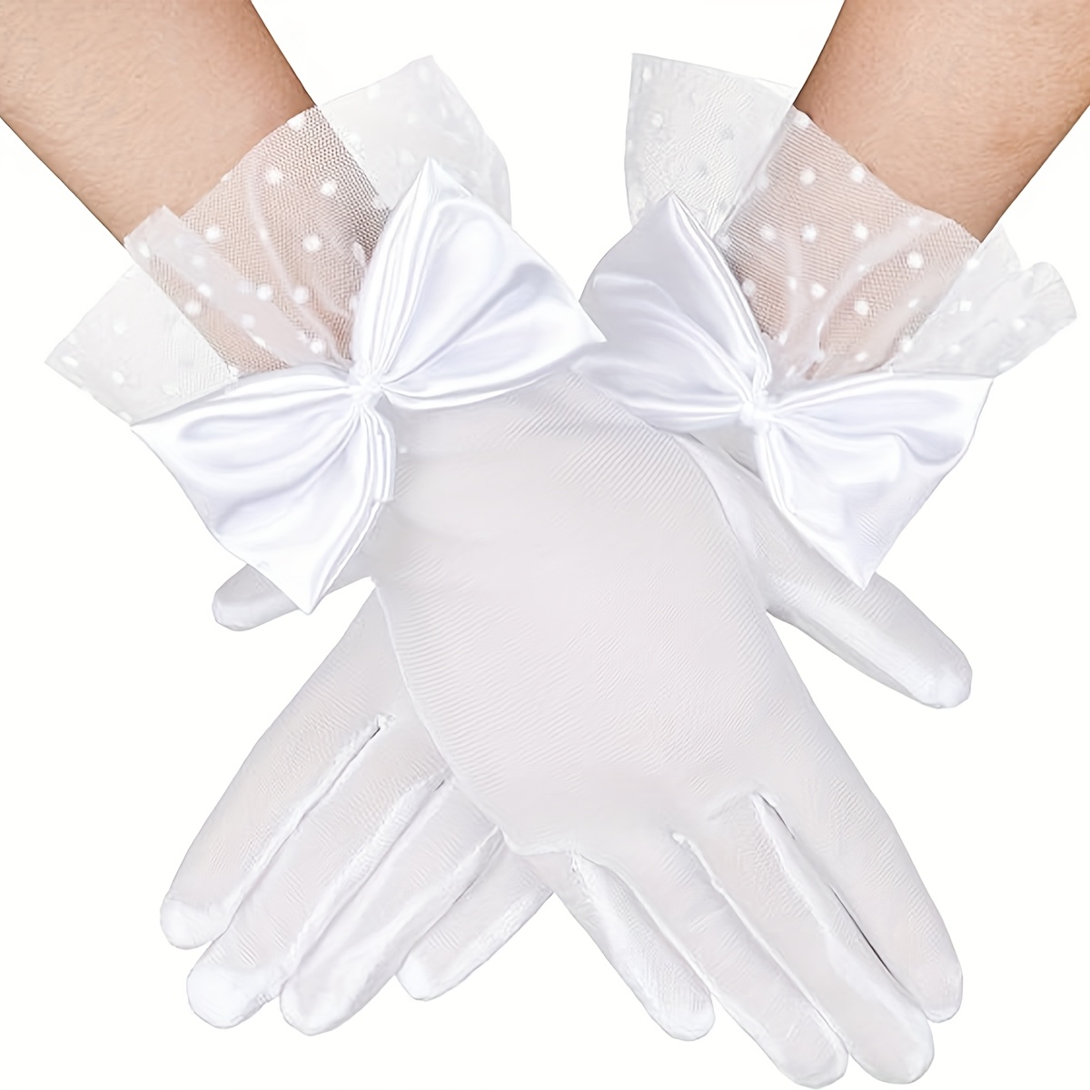 TEMU 1 Pair D Women Lace Bow Gloves Short Polka Dot Gloves European Retro Elegant Gloves For Halloween Tea Party Opera Prom Party Wedding