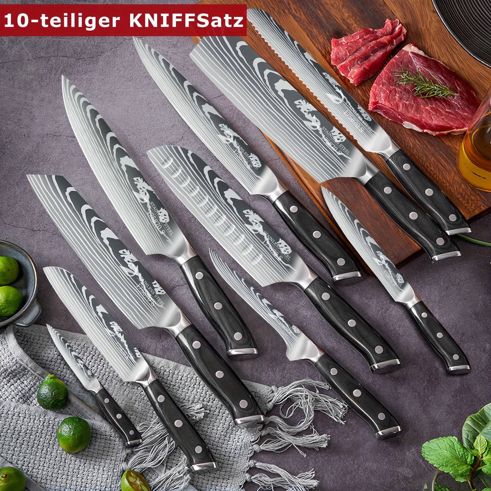 TEMU 10pcs Kitchen Knife Set, Kitchen Knife, Multifunctional Knife, Knife Set, High Carbon Stainless Steel Knife Set, Comfortable Handle, Multiple